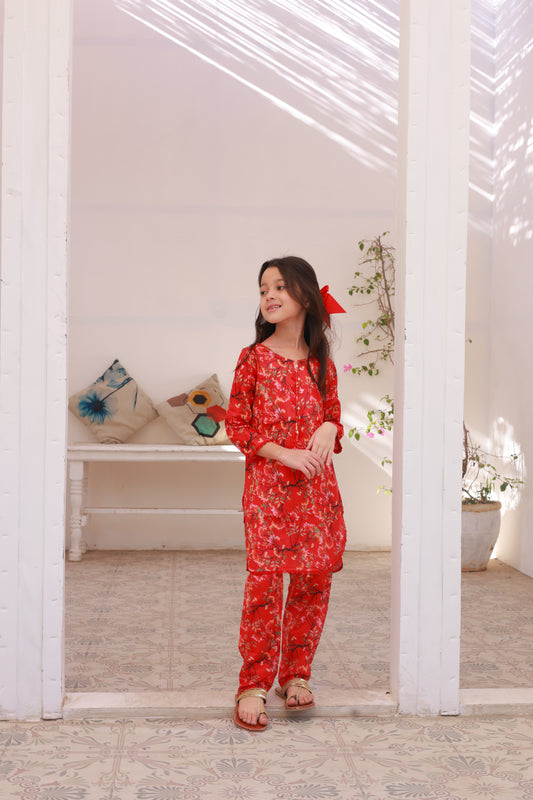 Cheery Red 2pcs Printed Suit-KST 026