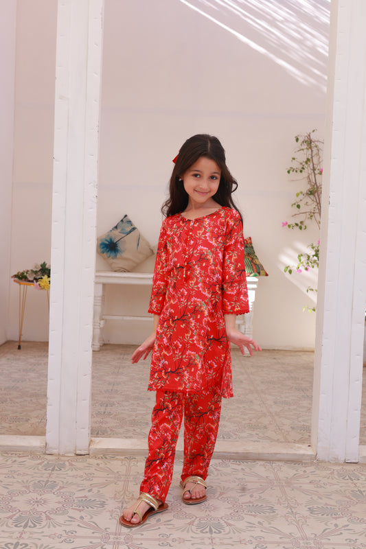 Cheery Red 2pcs Printed Suit-KST 026