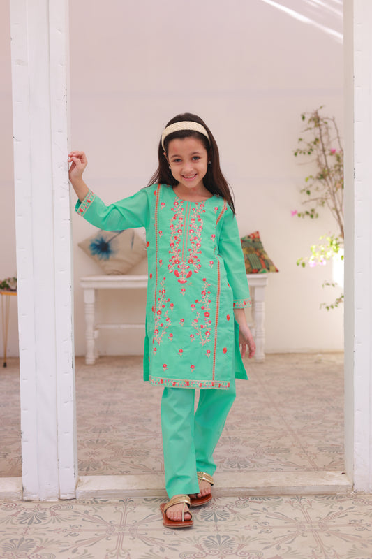 Aqua Embroidered 2pcs Suit-KST 021