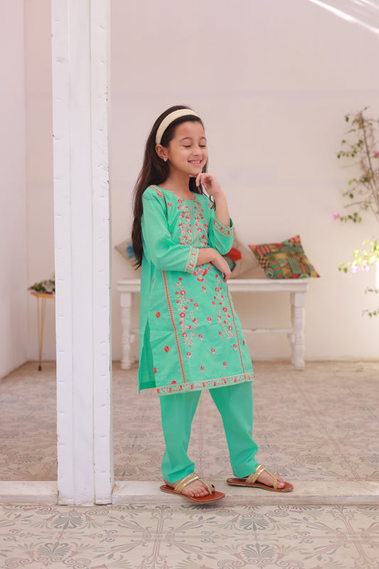 Aqua Embroidered 2pcs Suit-KST 021