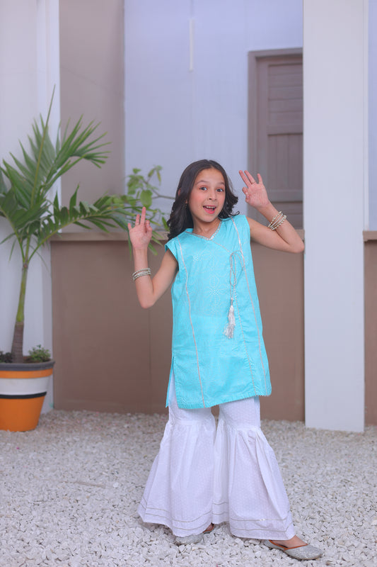 2pcs Aqua Blue Airline Shirt With Gharara-KG 007