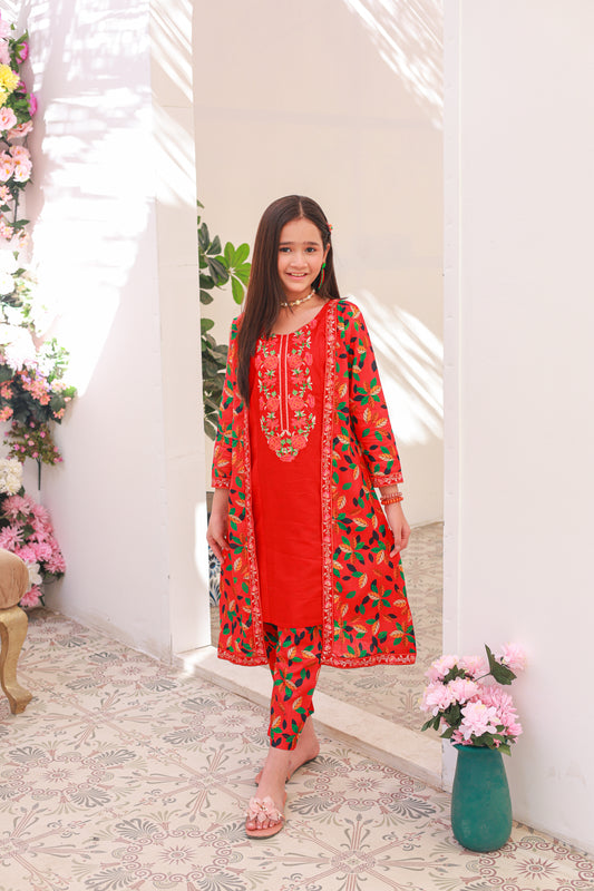 Orange Red Coat Style 2pcs Embroidered Suit-KST 013