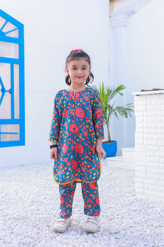 Printed Blue Lawn 2Pcs suit-KST 016 -