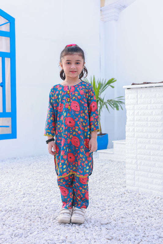 Printed Blue Lawn 2Pcs suit-KST 016 -