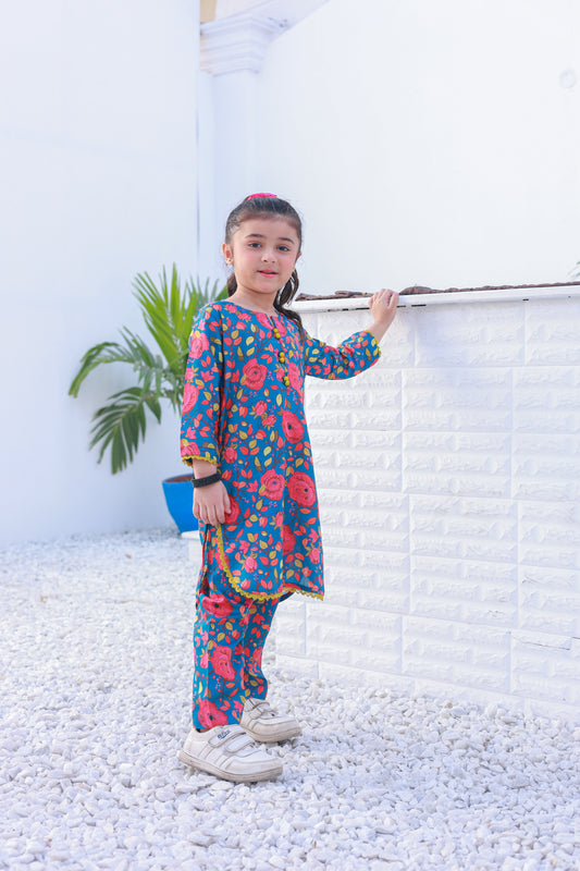 Printed Blue Lawn 2Pcs suit-KST 016 -